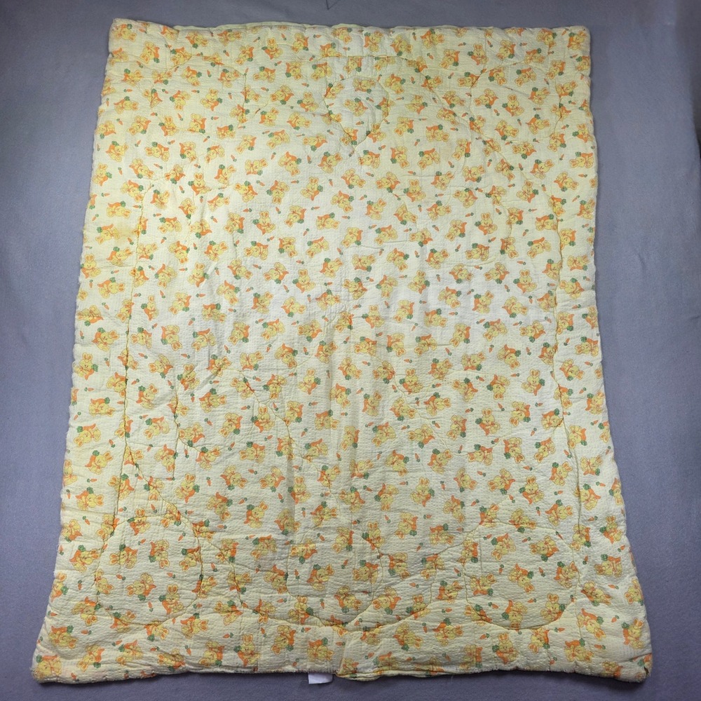 Vintage Quiltex Baby Blanket Yellow Bunny Rabbit Carrot Quilted Comforter 40x31